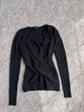 Black Ribbed Long-Sleeve Wrap Top